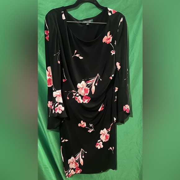 Lauren By Ralph Lauren Black Dress with Pink Floral Design and Ruffle Arms sz 12 - Picture 3 of 8